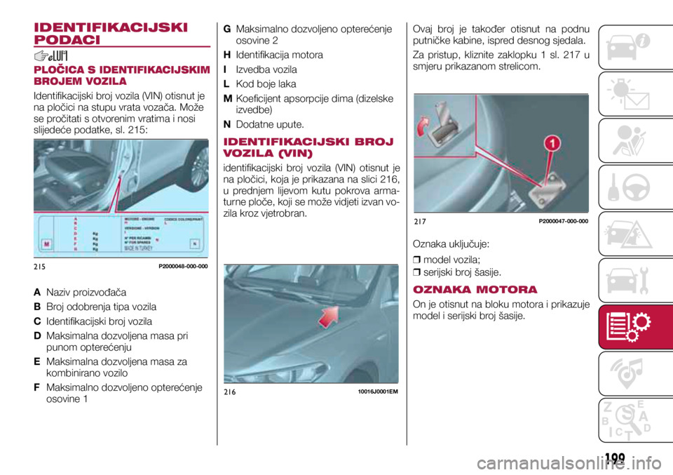 FIAT TIPO 5DOORS STATION WAGON 2019 Knjižica s uputama za uporabu i održavanje (in Croatian) 215P2000048-000-000
21610016J0001EM
217P2000047-000-000
IDENTIFIKACIJSKI
PODACI
PLOČICA S IDENTIFIKACIJSKIM
BROJEM VOZIL A
Identifikacijski broj vozila (VIN) otisnut je
na pločici na stupu vrata FIAT TIPO 5DOORS STATION WAGON 2019 Knjižica s uputama za uporabu i održavanje (in Croatian) 215P2000048-000-000
21610016J0001EM
217P2000047-000-000
IDENTIFIKACIJSKI
PODACI
PLOČICA S IDENTIFIKACIJSKIM
BROJEM VOZIL A
Identifikacijski broj vozila (VIN) otisnut je
na pločici na stupu vrata