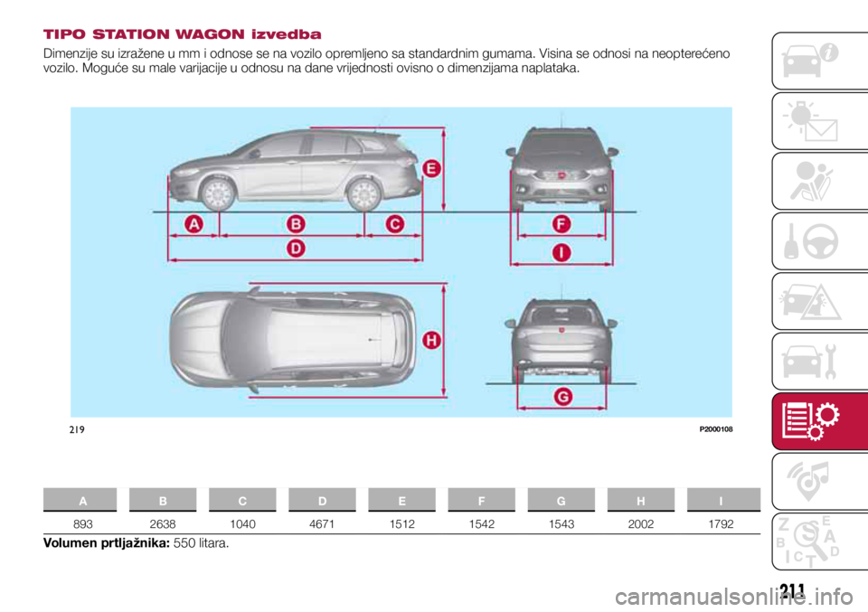 FIAT TIPO 5DOORS STATION WAGON 2019 Knjižica s uputama za uporabu i održavanje (in Croatian) 219P2000108
TIPO STATION WAGON izvedba
Dimenzije su izražene u mm i odnose se na vozilo opremljeno sa standardnim gumama. Visina se odnosi na neopterećeno
vozilo. Moguće su male varijacije u odnos FIAT TIPO 5DOORS STATION WAGON 2019 Knjižica s uputama za uporabu i održavanje (in Croatian) 219P2000108
TIPO STATION WAGON izvedba
Dimenzije su izražene u mm i odnose se na vozilo opremljeno sa standardnim gumama. Visina se odnosi na neopterećeno
vozilo. Moguće su male varijacije u odnos