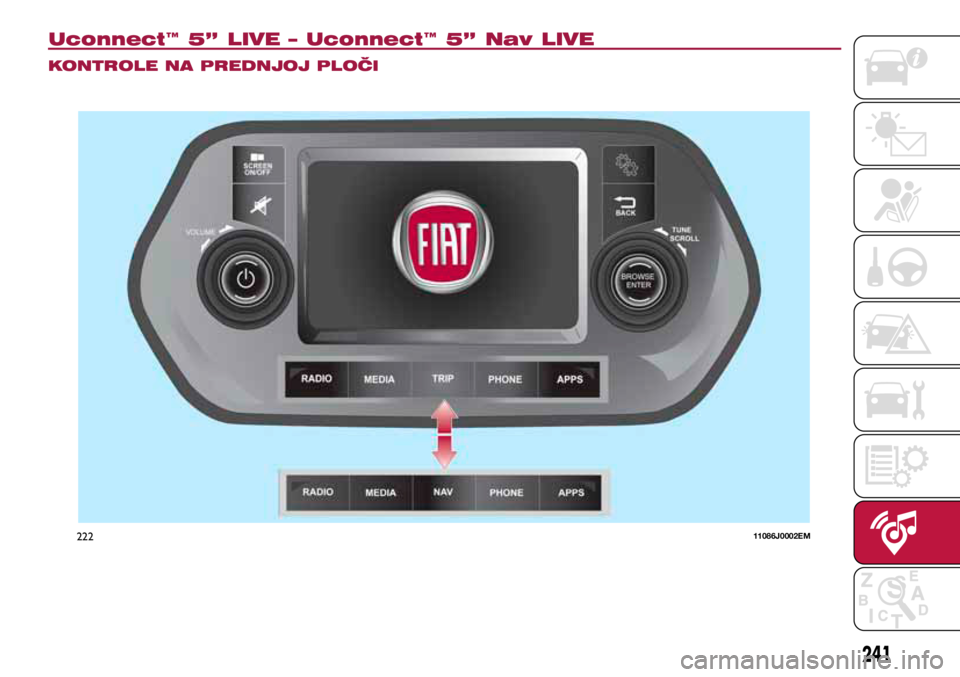 FIAT TIPO 5DOORS STATION WAGON 2019 Knjižica s uputama za uporabu i održavanje (in Croatian) 22211086J0002EM
Uconnect™ 5” LIVE – Uconnect™ 5” Nav LIVE
KONTROLE NA PREDNJOJ PLOČI
241 FIAT TIPO 5DOORS STATION WAGON 2019 Knjižica s uputama za uporabu i održavanje (in Croatian) 22211086J0002EM
Uconnect™ 5” LIVE – Uconnect™ 5” Nav LIVE
KONTROLE NA PREDNJOJ PLOČI
241