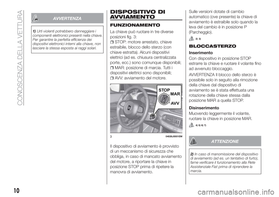 FIAT TIPO 4DOORS 2018 Libretto Uso Manutenzione (in Italian) AVVERTENZA
1)Urti violenti potrebbero danneggiare i
componenti elettronici presenti nella chiave.
Per garantire la perfetta efficienza dei
dispositivi elettronici interni alla chiave, non
lasciare la FIAT TIPO 4DOORS 2018 Libretto Uso Manutenzione (in Italian) AVVERTENZA
1)Urti violenti potrebbero danneggiare i
componenti elettronici presenti nella chiave.
Per garantire la perfetta efficienza dei
dispositivi elettronici interni alla chiave, non
lasciare la