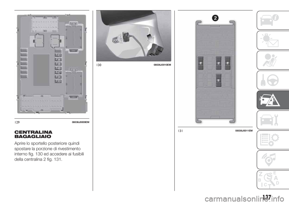 FIAT TIPO 4DOORS 2020  Libretto Uso Manutenzione (in Italian) CENTRALINA
BAGAGLIAIO
Aprire lo sportello posteriore quindi
spostare la porzione di rivestimento
interno fig. 130 ed accedere ai fusibili
della centralina 2 fig. 131.
12908036J0009EM
13008036J0010EM
1
