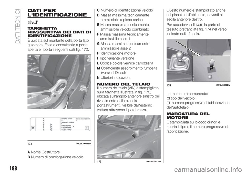 FIAT TIPO 4DOORS 2020  Libretto Uso Manutenzione (in Italian) DATI PER
L'IDENTIFICAZIONE
TARGHETTA
RIASSUNTIVA DEI DATI DI
IDENTIFICAZIONE
È ubicata sul montante della porta lato
guidatore. Essa è consultabile a porta
aperta e riporta i seguenti dati fig. 