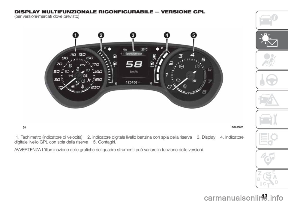 FIAT TIPO 4DOORS 2020  Libretto Uso Manutenzione (in Italian) DISPLAY MULTIFUNZIONALE RICONFIGURABILE — VERSIONE GPL(per versioni/mercati dove previsto)
1. Tachimetro (indicatore di velocità) 2. Indicatore digitale livello benzina con spia della riserva 3. Di