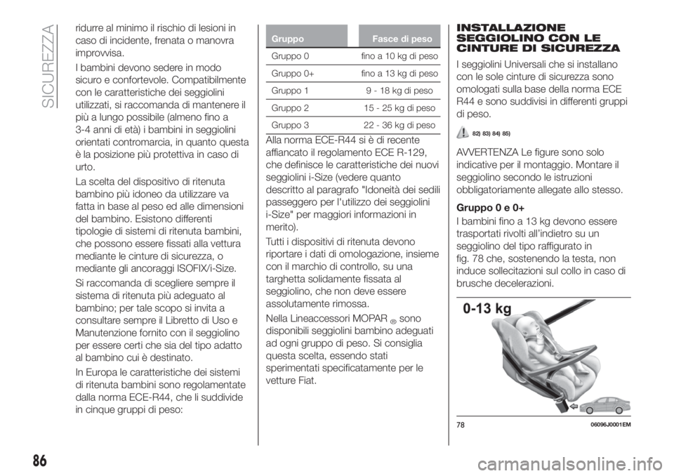 FIAT TIPO 4DOORS 2019  Libretto Uso Manutenzione (in Italian) ridurre al minimo il rischio di lesioni in
caso di incidente, frenata o manovra
improvvisa.
I bambini devono sedere in modo
sicuro e confortevole. Compatibilmente
con le caratteristiche dei seggiolini