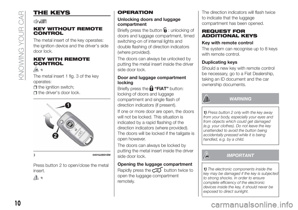 FIAT TIPO 4DOORS 2018 Owner handbook (in English) THE KEYS
KEY WITHOUT REMOTE
CONTROL
The metal insert of the key operates:
the ignition device and the driver's side
door lock.
KEY WITH REMOTE
CONTROL
1)
The metal insert 1 fig. 3 of the key
opera FIAT TIPO 4DOORS 2018 Owner handbook (in English) THE KEYS
KEY WITHOUT REMOTE
CONTROL
The metal insert of the key operates:
the ignition device and the driver's side
door lock.
KEY WITH REMOTE
CONTROL
1)
The metal insert 1 fig. 3 of the key
opera