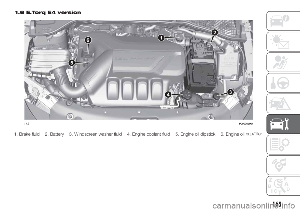 FIAT TIPO 4DOORS 2018  Owner handbook (in English) 1.6 E.Torq E4 version
1. Brake fluid 2. Battery 3. Windscreen washer fluid 4. Engine coolant fluid 5. Engine oil dipstick 6. Engine oilcap/filler
165P09026J001
165 