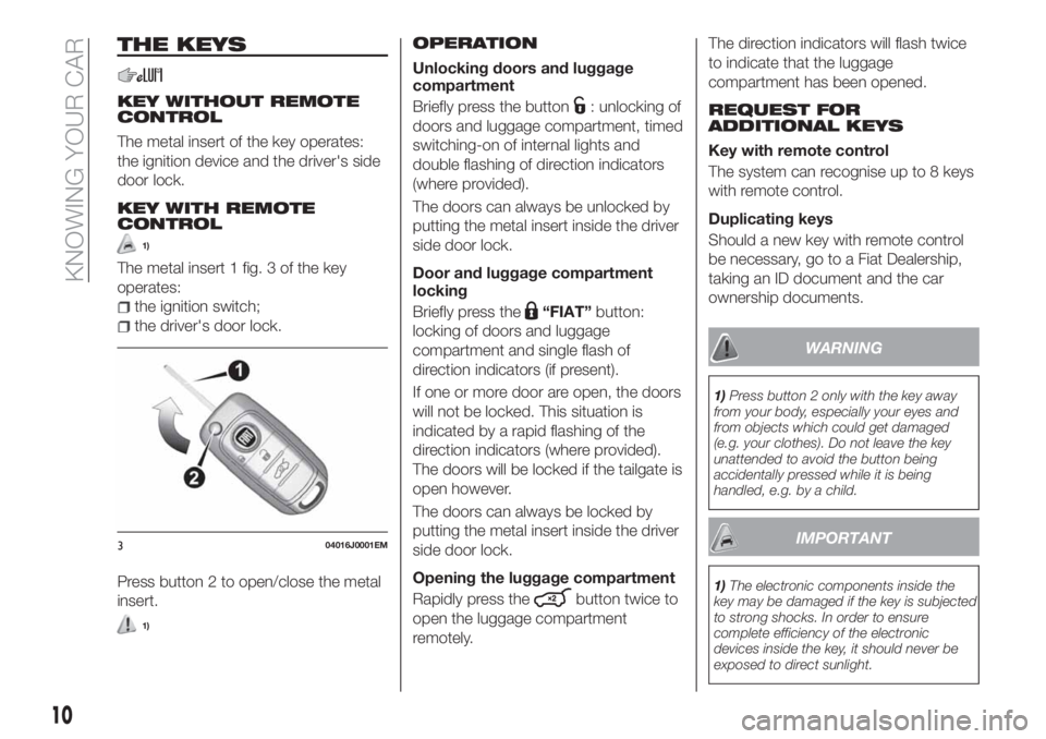 FIAT TIPO 4DOORS 2020 Owner handbook (in English) THE KEYS
KEY WITHOUT REMOTE
CONTROL
The metal insert of the key operates:
the ignition device and the driver's side
door lock.
KEY WITH REMOTE
CONTROL
1)
The metal insert 1 fig. 3 of the key
opera FIAT TIPO 4DOORS 2020 Owner handbook (in English) THE KEYS
KEY WITHOUT REMOTE
CONTROL
The metal insert of the key operates:
the ignition device and the driver's side
door lock.
KEY WITH REMOTE
CONTROL
1)
The metal insert 1 fig. 3 of the key
opera