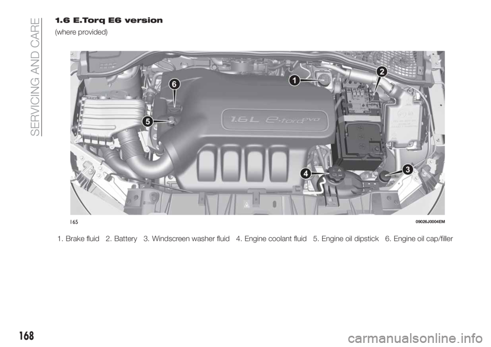 FIAT TIPO 4DOORS 2020  Owner handbook (in English) 1.6 E.Torq E6 version
(where provided)
1. Brake fluid 2. Battery 3. Windscreen washer fluid 4. Engine coolant fluid 5. Engine oil dipstick 6. Engine oil cap/filler
16509026J0004EM
168
SERVICING AND CA