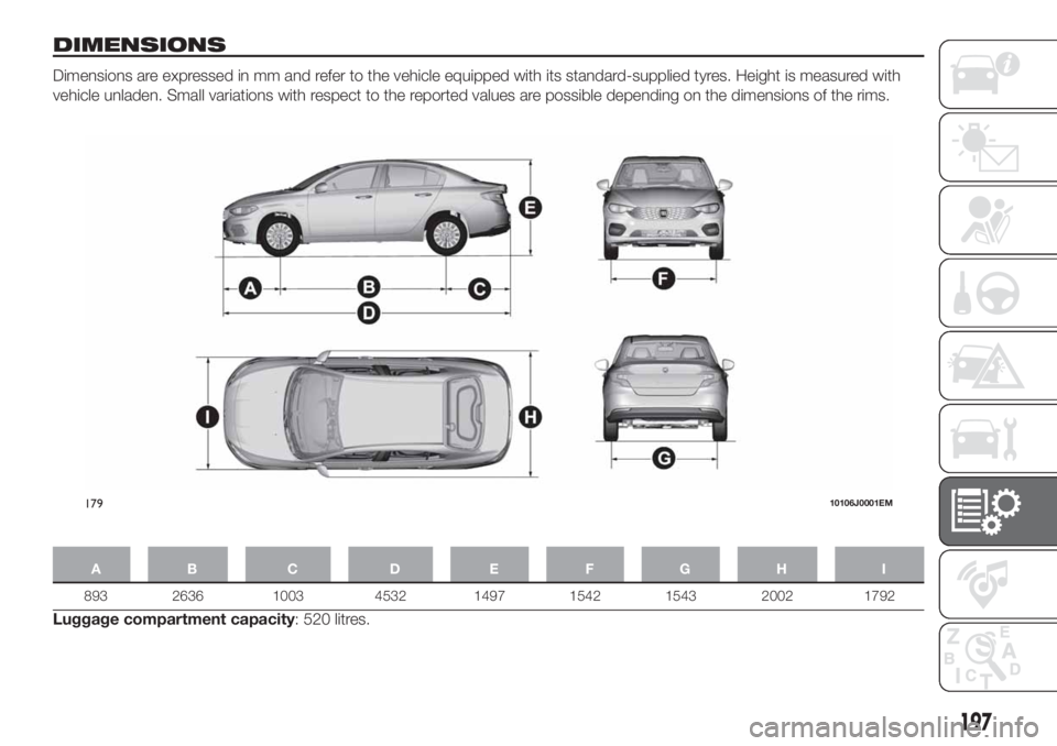 FIAT TIPO 4DOORS 2019  Owner handbook (in English) DIMENSIONS
Dimensions are expressed in mm and refer to the vehicle equipped with its standard-supplied tyres. Height is measured with
vehicle unladen. Small variations with respect to the reported val