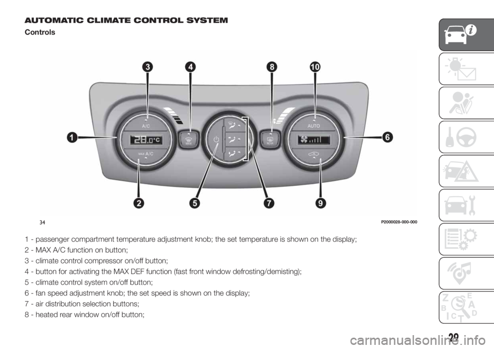 FIAT TIPO 4DOORS 2020 Owner handbook (in English) AUTOMATIC CLIMATE CONTROL SYSTEM
Controls
1 - passenger compartment temperature adjustment knob; the set temperature is shown on the display;
2 - MAX A/C function on button;
3 - climate control compre FIAT TIPO 4DOORS 2020 Owner handbook (in English) AUTOMATIC CLIMATE CONTROL SYSTEM
Controls
1 - passenger compartment temperature adjustment knob; the set temperature is shown on the display;
2 - MAX A/C function on button;
3 - climate control compre