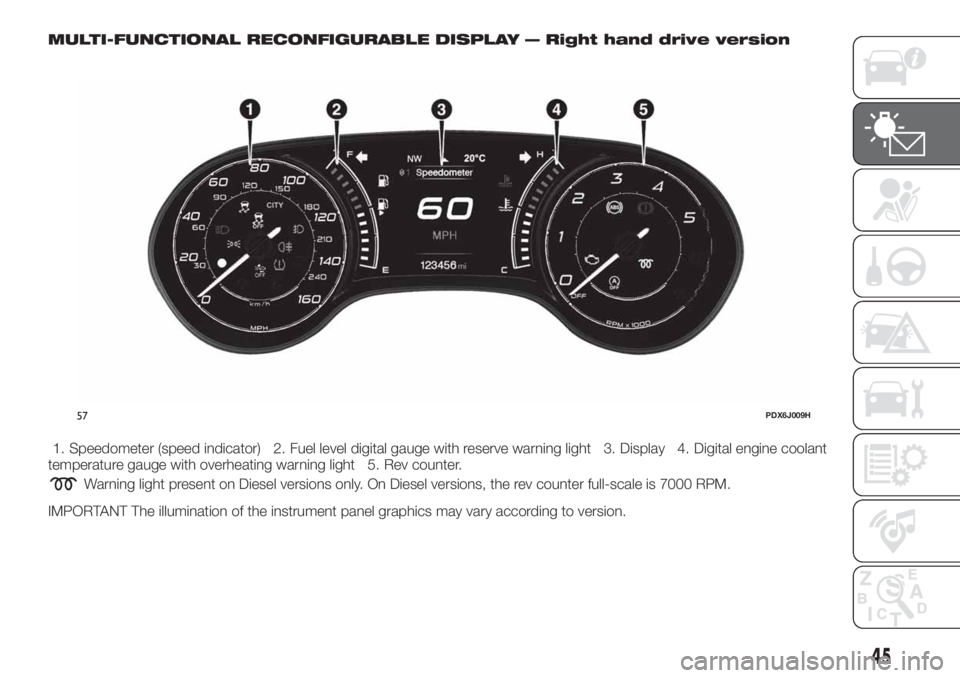 FIAT TIPO 4DOORS 2020 Owner handbook (in English) MULTI-FUNCTIONAL RECONFIGURABLE DISPLAY — Right hand drive version
1. Speedometer (speed indicator) 2. Fuel level digital gauge with reserve warning light 3. Display 4. Digital engine coolant
temper FIAT TIPO 4DOORS 2020 Owner handbook (in English) MULTI-FUNCTIONAL RECONFIGURABLE DISPLAY — Right hand drive version
1. Speedometer (speed indicator) 2. Fuel level digital gauge with reserve warning light 3. Display 4. Digital engine coolant
temper
