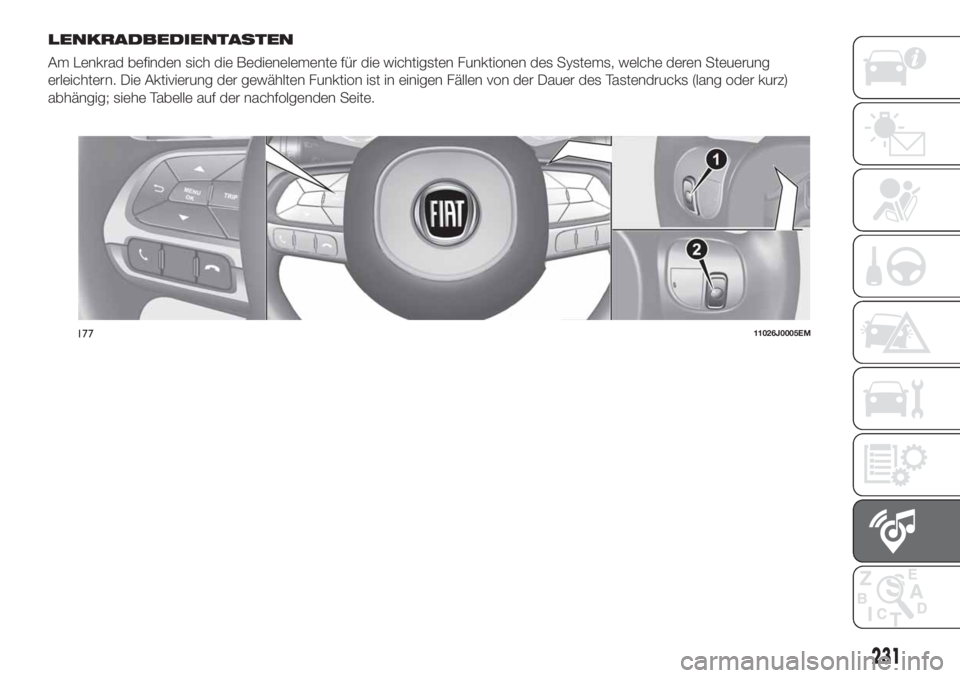 FIAT TIPO 4DOORS 2019 Betriebsanleitung (in German) LENKRADBEDIENTASTEN
Am Lenkrad befinden sich die Bedienelemente für die wichtigsten Funktionen des Systems, welche deren Steuerung
erleichtern. Die Aktivierung der gewählten Funktion ist in einigen FIAT TIPO 4DOORS 2019 Betriebsanleitung (in German) LENKRADBEDIENTASTEN
Am Lenkrad befinden sich die Bedienelemente für die wichtigsten Funktionen des Systems, welche deren Steuerung
erleichtern. Die Aktivierung der gewählten Funktion ist in einigen