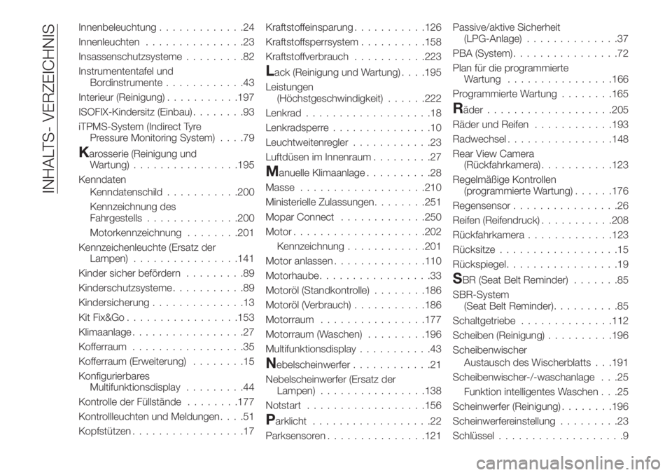 FIAT TIPO 4DOORS 2019  Betriebsanleitung (in German) Innenbeleuchtung.............24
Innenleuchten...............23
Insassenschutzsysteme.........82
Instrumententafel und
Bordinstrumente............43
Interieur (Reinigung)...........197
ISOFIX-Kindersit