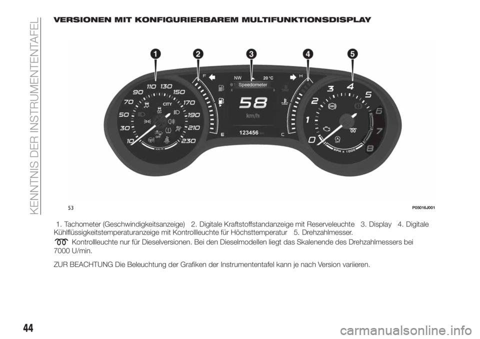 FIAT TIPO 4DOORS 2019  Betriebsanleitung (in German) VERSIONEN MIT KONFIGURIERBAREM MULTIFUNKTIONSDISPLAY
1. Tachometer (Geschwindigkeitsanzeige) 2. Digitale Kraftstoffstandanzeige mit Reserveleuchte 3. Display 4. Digitale
Kühlflüssigkeitstemperaturan