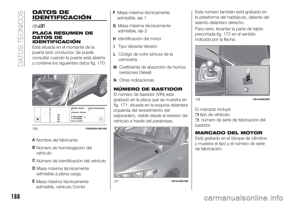 FIAT TIPO 4DOORS 2018 Manual de Empleo y Cuidado (in Spanish) DATOS DE
IDENTIFICACIÓN
PLACA RESUMEN DE
DATOS DE
IDENTIFICACIÓN
Está situada en el montante de la
puerta lado conductor. Se puede
consultar cuando la puerta está abierta
y contiene los siguientes FIAT TIPO 4DOORS 2018 Manual de Empleo y Cuidado (in Spanish) DATOS DE
IDENTIFICACIÓN
PLACA RESUMEN DE
DATOS DE
IDENTIFICACIÓN
Está situada en el montante de la
puerta lado conductor. Se puede
consultar cuando la puerta está abierta
y contiene los siguientes
