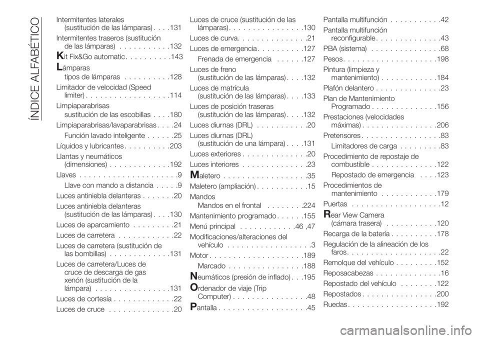 FIAT TIPO 4DOORS 2018 Manual de Empleo y Cuidado (in Spanish) Intermitentes laterales
(sustitución de las lámparas). . . .131
Intermitentes traseros (sustitución
de las lámparas)...........132
..........143
Lámparas
tipos de lámparas..........128
Limitador FIAT TIPO 4DOORS 2018 Manual de Empleo y Cuidado (in Spanish) Intermitentes laterales
(sustitución de las lámparas). . . .131
Intermitentes traseros (sustitución
de las lámparas)...........132
..........143
Lámparas
tipos de lámparas..........128
Limitador