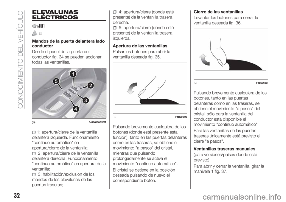 FIAT TIPO 4DOORS 2018  Manual de Empleo y Cuidado (in Spanish) ELEVALUNAS
ELÉCTRICOS
23)
Mandos de la puerta delantera lado
conductor
Desde el panel de la puerta del
conductor fig. 34 se pueden accionar
todas las ventanillas.
1: apertura/cierre de la ventanilla
