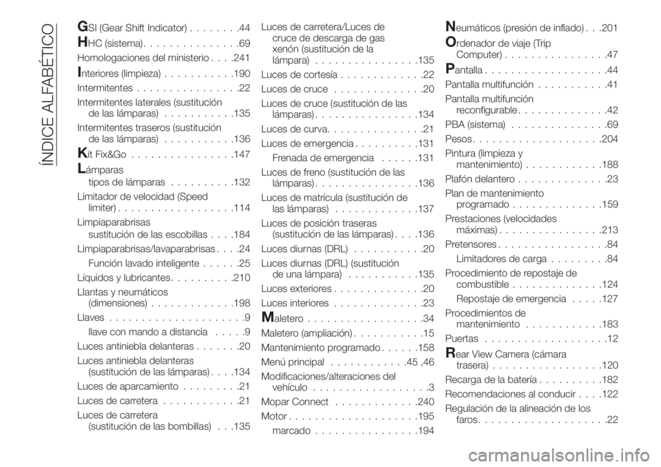 FIAT TIPO 4DOORS 2020  Manual de Empleo y Cuidado (in Spanish) GSI (Gear Shift Indicator)........44
HHC (sistema)...............69
Homologaciones del ministerio. . . .241
Interiores (limpieza)...........190
Intermitentes................22
Intermitentes laterales 