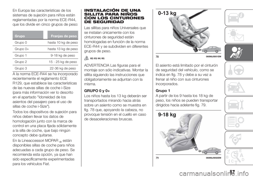 FIAT TIPO 4DOORS 2020  Manual de Empleo y Cuidado (in Spanish) En Europa las características de los
sistemas de sujeción para niños están
reglamentadas por la norma ECE-R44,
que los divide en cinco grupos de peso:
Grupo Franjas de peso
Grupo 0 hasta 10 kg de 