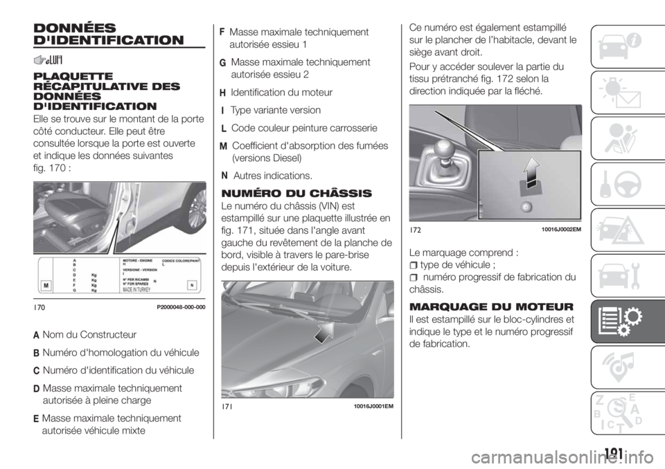 FIAT TIPO 4DOORS 2018 Notice dentretien (in French) DONNÉES
D'IDENTIFICATION
PLAQUETTE
RÉCAPITULATIVE DES
DONNÉES
D'IDENTIFICATION
Elle se trouve sur le montant de la porte
côté conducteur. Elle peut être
consultée lorsque la porte est o FIAT TIPO 4DOORS 2018 Notice dentretien (in French) DONNÉES
D'IDENTIFICATION
PLAQUETTE
RÉCAPITULATIVE DES
DONNÉES
D'IDENTIFICATION
Elle se trouve sur le montant de la porte
côté conducteur. Elle peut être
consultée lorsque la porte est o