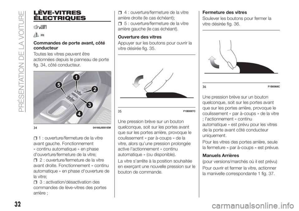 FIAT TIPO 4DOORS 2018 Notice dentretien (in French) LÈVE-VITRES
ÉLECTRIQUES
23)
Commandes de porte avant, côté
conducteur
Toutes les vitres peuvent être
actionnées depuis le panneau de porte
fig. 34, côté conducteur.
1 : ouverture/fermeture de FIAT TIPO 4DOORS 2018 Notice dentretien (in French) LÈVE-VITRES
ÉLECTRIQUES
23)
Commandes de porte avant, côté
conducteur
Toutes les vitres peuvent être
actionnées depuis le panneau de porte
fig. 34, côté conducteur.
1 : ouverture/fermeture de