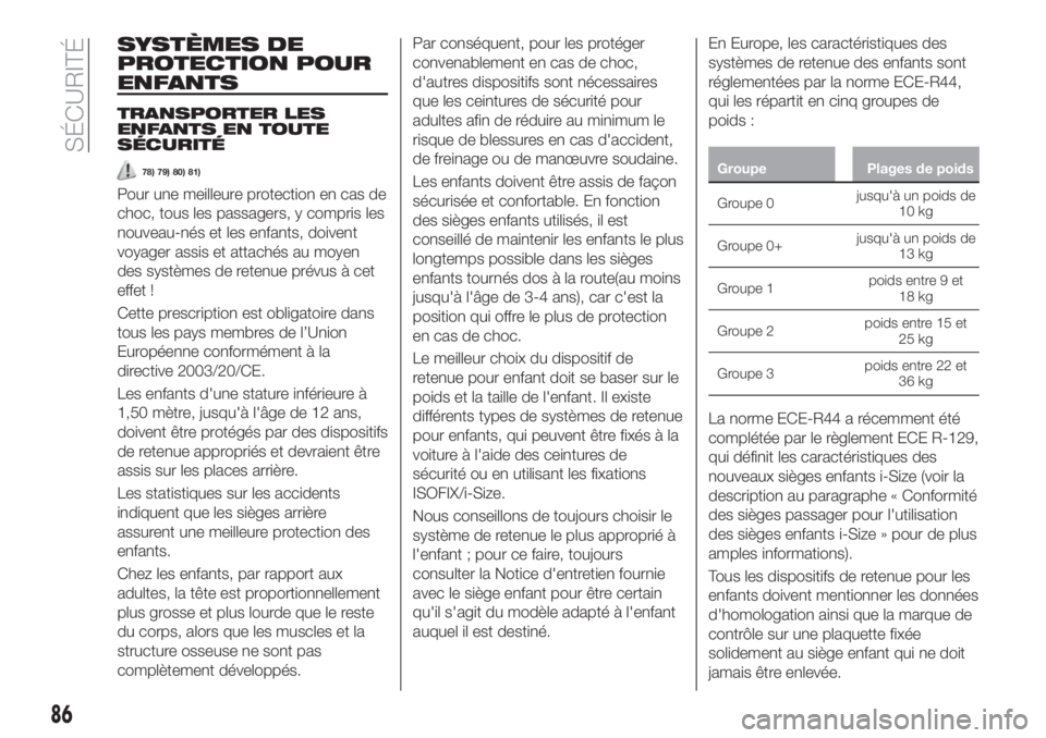FIAT TIPO 4DOORS 2018 Notice dentretien (in French) SYSTÈMES DE
PROTECTION POUR
ENFANTS
TRANSPORTER LES
ENFANTS EN TOUTE
SÉCURITÉ
78) 79) 80) 81)
Pour une meilleure protection en cas de
choc, tous les passagers, y compris les
nouveau-nés et les enf FIAT TIPO 4DOORS 2018 Notice dentretien (in French) SYSTÈMES DE
PROTECTION POUR
ENFANTS
TRANSPORTER LES
ENFANTS EN TOUTE
SÉCURITÉ
78) 79) 80) 81)
Pour une meilleure protection en cas de
choc, tous les passagers, y compris les
nouveau-nés et les enf