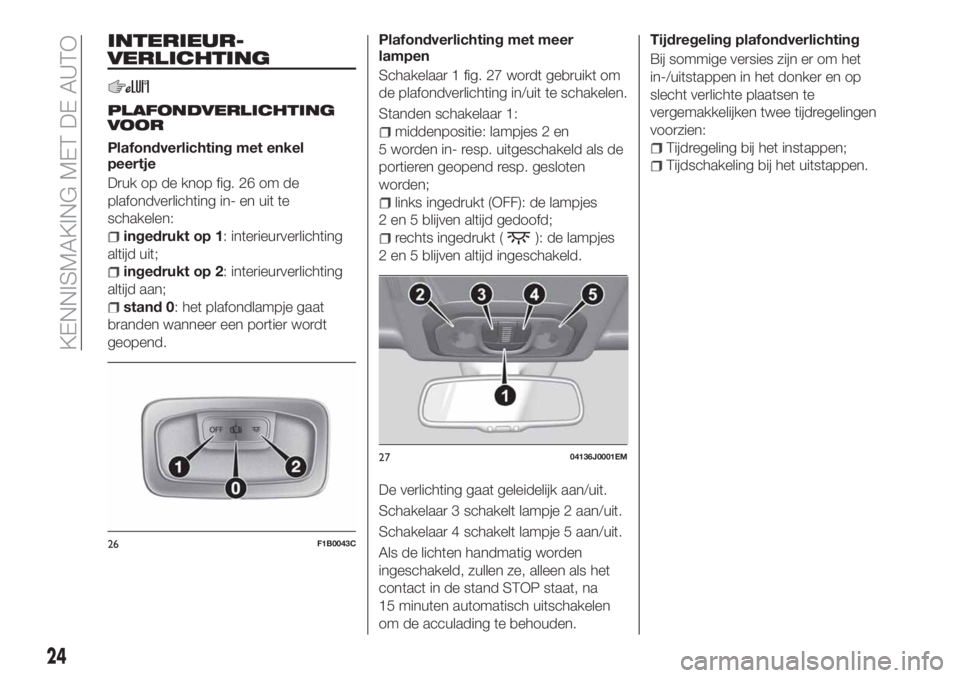 FIAT TIPO 4DOORS 2018 Instructieboek (in Dutch) INTERIEUR-
VERLICHTING
PLAFONDVERLICHTING
VOOR
Plafondverlichting met enkel
peertje
Druk op de knop fig. 26 om de
plafondverlichting in- en uit te
schakelen:
ingedrukt op 1: interieurverlichting
altij FIAT TIPO 4DOORS 2018 Instructieboek (in Dutch) INTERIEUR-
VERLICHTING
PLAFONDVERLICHTING
VOOR
Plafondverlichting met enkel
peertje
Druk op de knop fig. 26 om de
plafondverlichting in- en uit te
schakelen:
ingedrukt op 1: interieurverlichting
altij
