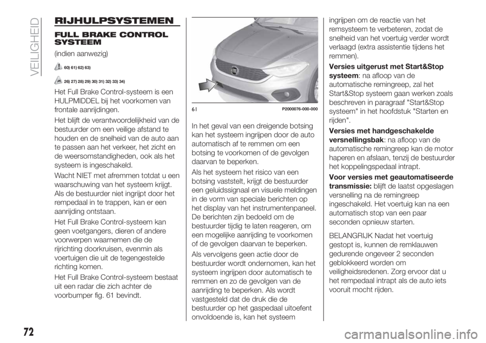 FIAT TIPO 4DOORS 2018 Instructieboek (in Dutch) RIJHULPSYSTEMEN
FULL BRAKE CONTROL
SYSTEEM
(indien aanwezig)
60) 61) 62) 63)
26) 27) 28) 29) 30) 31) 32) 33) 34)
Het Full Brake Control-systeem is een
HULPMIDDEL bij het voorkomen van
frontale aanrijd FIAT TIPO 4DOORS 2018 Instructieboek (in Dutch) RIJHULPSYSTEMEN
FULL BRAKE CONTROL
SYSTEEM
(indien aanwezig)
60) 61) 62) 63)
26) 27) 28) 29) 30) 31) 32) 33) 34)
Het Full Brake Control-systeem is een
HULPMIDDEL bij het voorkomen van
frontale aanrijd