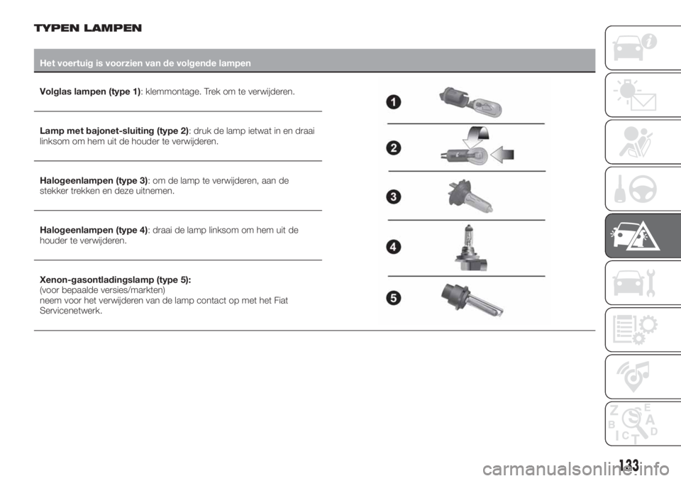 FIAT TIPO 4DOORS 2019 Instructieboek (in Dutch) TYPEN LAMPEN
Het voertuig is voorzien van de volgende lampen
Volglas lampen (type 1): klemmontage. Trek om te verwijderen.
Lamp met bajonet-sluiting (type 2): druk de lamp ietwat in en draai
linksom o FIAT TIPO 4DOORS 2019 Instructieboek (in Dutch) TYPEN LAMPEN
Het voertuig is voorzien van de volgende lampen
Volglas lampen (type 1): klemmontage. Trek om te verwijderen.
Lamp met bajonet-sluiting (type 2): druk de lamp ietwat in en draai
linksom o