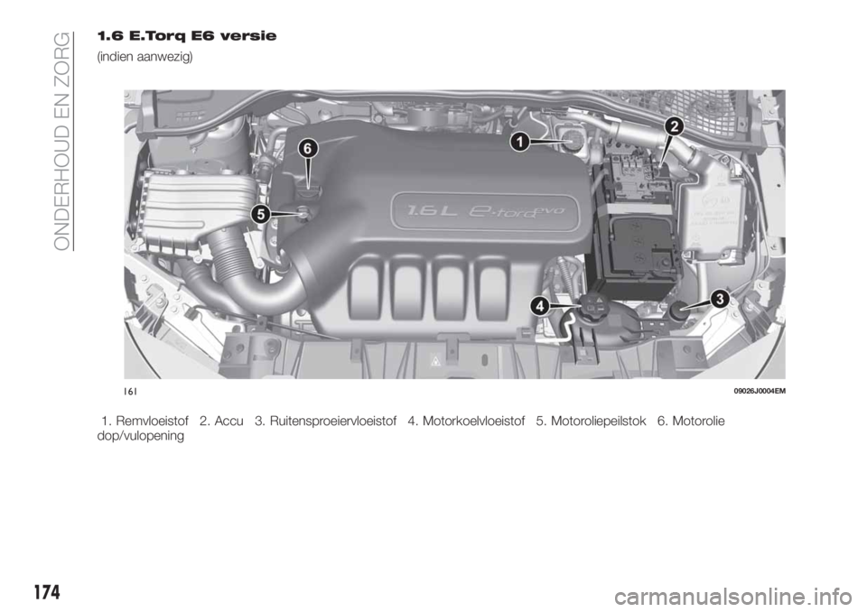 FIAT TIPO 4DOORS 2020  Instructieboek (in Dutch) 1.6 E.Torq E6 versie
(indien aanwezig)
1. Remvloeistof 2. Accu 3. Ruitensproeiervloeistof 4. Motorkoelvloeistof 5. Motoroliepeilstok 6. Motorolie
dop/vulopening
16109026J0004EM
174
ONDERHOUD EN ZORG 