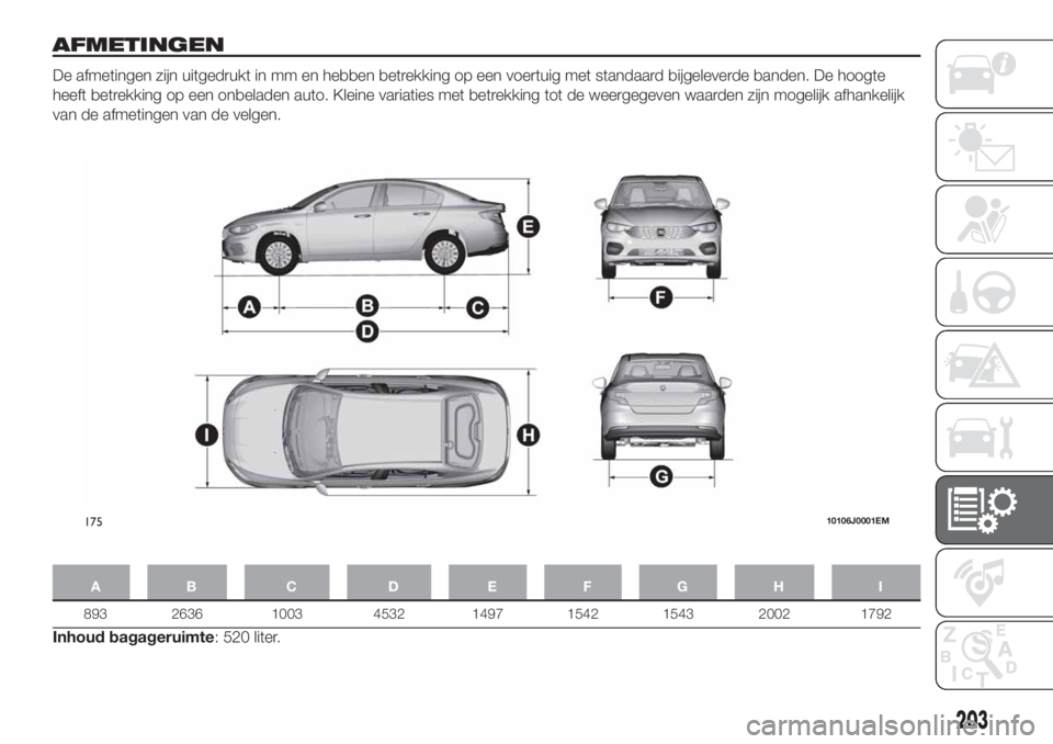FIAT TIPO 4DOORS 2020  Instructieboek (in Dutch) AFMETINGEN
De afmetingen zijn uitgedrukt in mm en hebben betrekking op een voertuig met standaard bijgeleverde banden. De hoogte
heeft betrekking op een onbeladen auto. Kleine variaties met betrekking