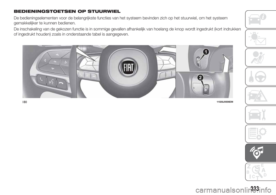 FIAT TIPO 4DOORS 2019  Instructieboek (in Dutch) BEDIENINGSTOETSEN OP STUURWIEL
De bedieningselementen voor de belangrijkste functies van het systeem bevinden zich op het stuurwiel, om het systeem
gemakkelijker te kunnen bedienen.
De inschakeling va