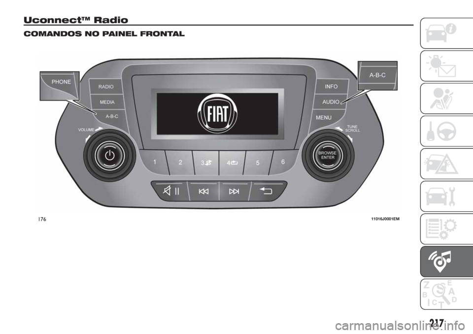 FIAT TIPO 4DOORS 2019 Manual de Uso e Manutenção (in Portuguese) Uconnect™ Radio
COMANDOS NO PAINEL FRONTAL
17611016J0001EM
217 FIAT TIPO 4DOORS 2019 Manual de Uso e Manutenção (in Portuguese) Uconnect™ Radio
COMANDOS NO PAINEL FRONTAL
17611016J0001EM
217