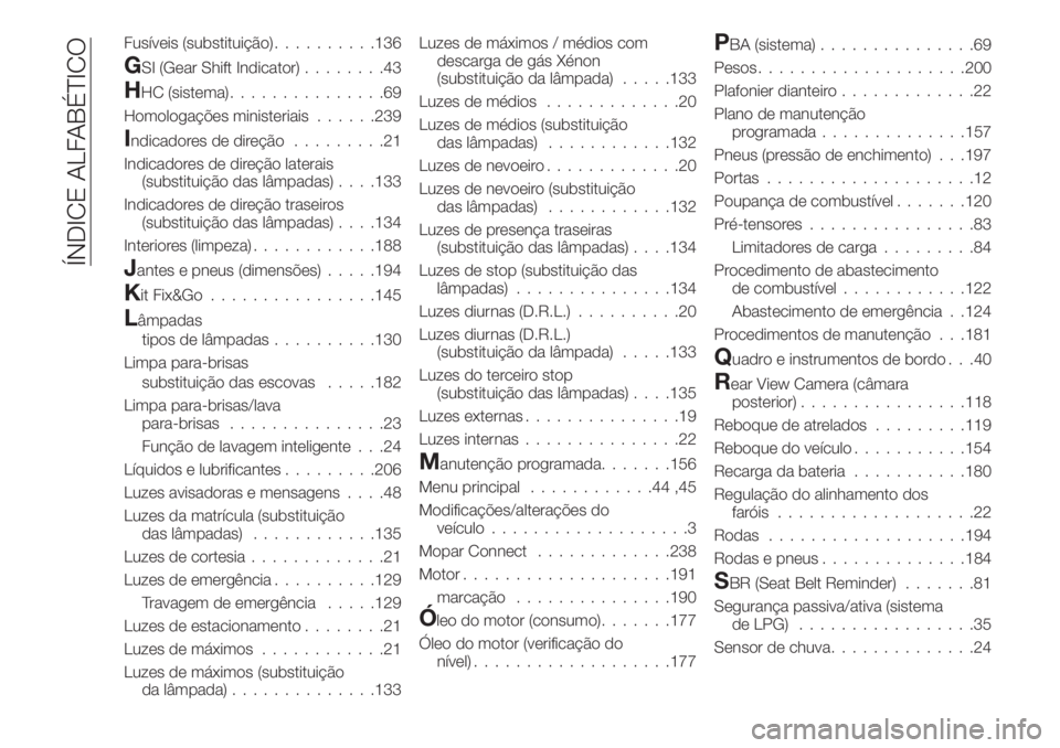 FIAT TIPO 4DOORS 2019  Manual de Uso e Manutenção (in Portuguese) Fusíveis (substituição)..........136
GSI (Gear Shift Indicator)........43
HHC (sistema)...............69
Homologações ministeriais......239
Indicadores de direção.........21
Indicadores de dire