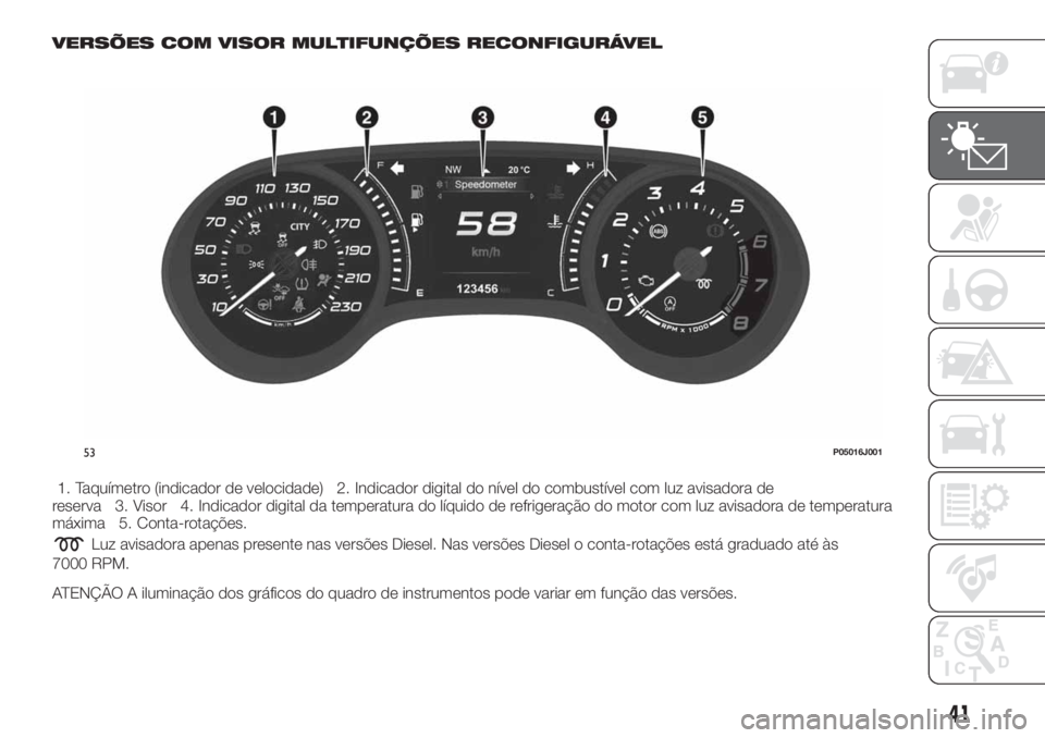 FIAT TIPO 4DOORS 2020  Manual de Uso e Manutenção (in Portuguese) VERSÕES COM VISOR MULTIFUNÇÕES RECONFIGURÁVEL
1. Taquímetro (indicador de velocidade) 2. Indicador digital do nível do combustível com luz avisadora de
reserva 3. Visor 4. Indicador digital da 