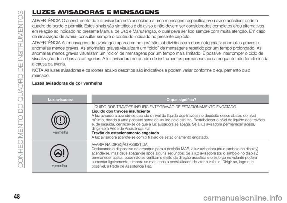 FIAT TIPO 4DOORS 2019  Manual de Uso e Manutenção (in Portuguese) LUZES AVISADORAS E MENSAGENS
ADVERTÊNCIA O acendimento da luz avisadora está associado a uma mensagem específica e/ou aviso acústico, onde o
quadro de bordo o permitir. Estes sinais são sintétic
