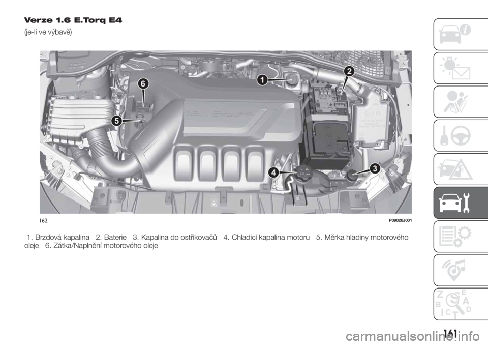 FIAT TIPO 4DOORS 2020  Návod k použití a údržbě (in Czech) Verze 1.6 E.Torq E4
(je-li ve výbavě)
1. Brzdová kapalina 2. Baterie 3. Kapalina do ostřikovačů 4. Chladicí kapalina motoru 5. Měrka hladiny motorového
oleje 6. Zátka/Naplnění motorového 