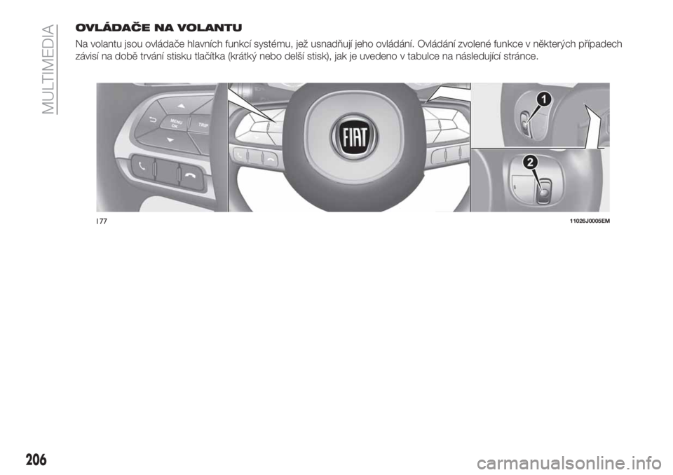 FIAT TIPO 4DOORS 2020 Návod k použití a údržbě (in Czech) OVLÁDAČE NA VOLANTU
Na volantu jsou ovládače hlavních funkcí systému, jež usnadňují jeho ovládání. Ovládání zvolené funkce v některých případech
závisí na době trvání stisku FIAT TIPO 4DOORS 2020 Návod k použití a údržbě (in Czech) OVLÁDAČE NA VOLANTU
Na volantu jsou ovládače hlavních funkcí systému, jež usnadňují jeho ovládání. Ovládání zvolené funkce v některých případech
závisí na době trvání stisku