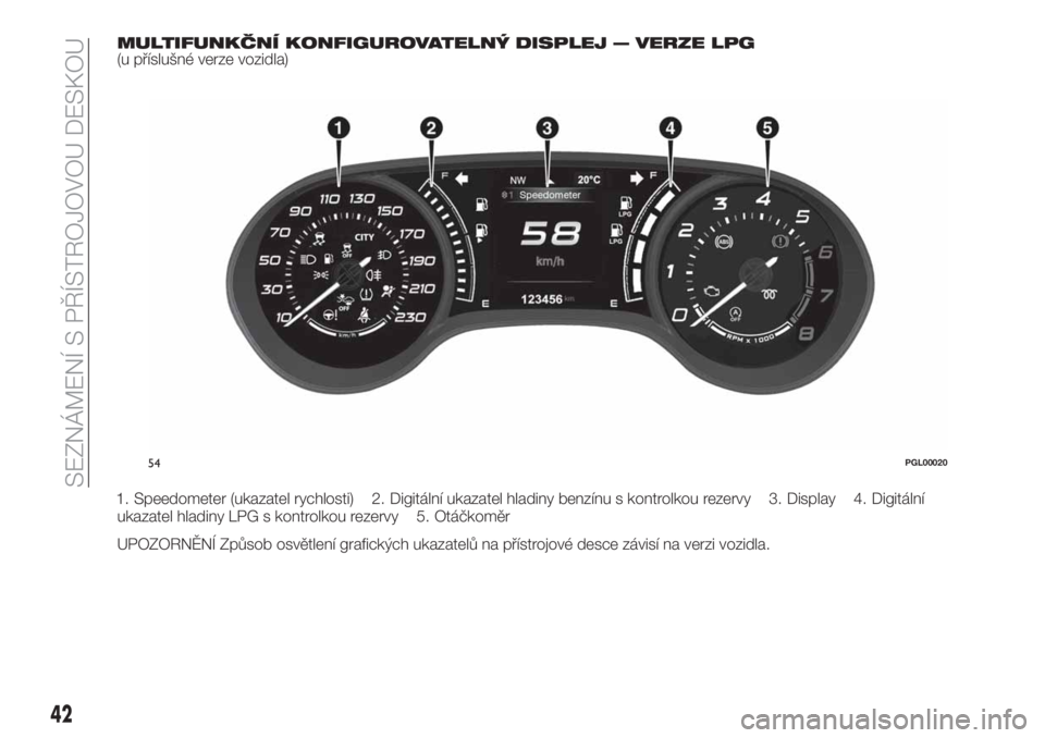FIAT TIPO 4DOORS 2020 Návod k použití a údržbě (in Czech) MULTIFUNKČNÍ KONFIGUROVATELNÝ DISPLEJ — VERZE LPG(u příslušné verze vozidla)
1. Speedometer (ukazatel rychlosti) 2. Digitální ukazatel hladiny benzínu s kontrolkou rezervy 3. Display 4. Di FIAT TIPO 4DOORS 2020 Návod k použití a údržbě (in Czech) MULTIFUNKČNÍ KONFIGUROVATELNÝ DISPLEJ — VERZE LPG(u příslušné verze vozidla)
1. Speedometer (ukazatel rychlosti) 2. Digitální ukazatel hladiny benzínu s kontrolkou rezervy 3. Display 4. Di