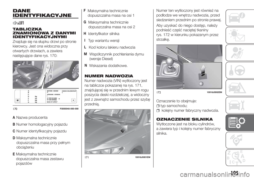 FIAT TIPO 4DOORS 2018  Instrukcja obsługi (in Polish) DANE
IDENTYFIKACYJNE
TABLICZKA
ZNAMIONOWA Z DANYMI
IDENTYFIKACYJNYMI
Znajduje się na słupku drzwi po stronie
kierowcy. Jest ona widoczna przy
otwartych drzwiach, a zawiera
następujące dane rys. 17
