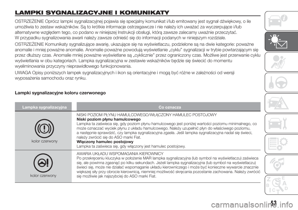 FIAT TIPO 4DOORS 2018  Instrukcja obsługi (in Polish) LAMPKI SYGNALIZACYJNE I KOMUNIKATY
OSTRZEŻENIE Oprócz lampki sygnalizacyjnej pojawia się specjalny komunikat i/lub emitowany jest sygnał dźwiękowy, o ile
umożliwia to zestaw wskaźników. Są t