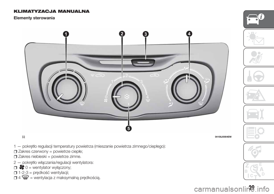 FIAT TIPO 4DOORS 2019 Instrukcja obsługi (in Polish) KLIMATYZACJA MANUALNA
Elementy sterowania
1 — pokrętło regulacji temperatury powietrza (mieszanie powietrza zimnego/ciepłego):
Zakres czerwony = powietrze ciepłe;
Zakres niebieski = powietrze zi FIAT TIPO 4DOORS 2019 Instrukcja obsługi (in Polish) KLIMATYZACJA MANUALNA
Elementy sterowania
1 — pokrętło regulacji temperatury powietrza (mieszanie powietrza zimnego/ciepłego):
Zakres czerwony = powietrze ciepłe;
Zakres niebieski = powietrze zi