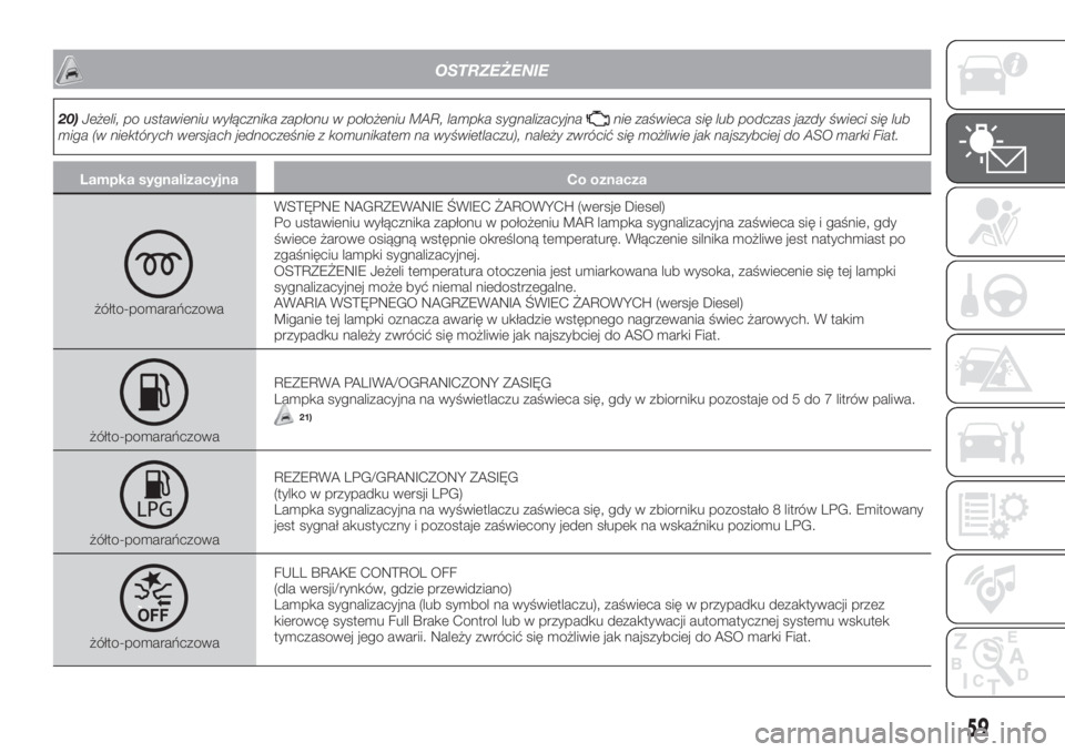 FIAT TIPO 4DOORS 2019  Instrukcja obsługi (in Polish) OSTRZEŻENIE
20)Jeżeli, po ustawieniu wyłącznika zapłonu w położeniu MAR, lampka sygnalizacyjnanie zaświeca się lub podczas jazdy świeci się lub
miga (w niektórych wersjach jednocześnie z 