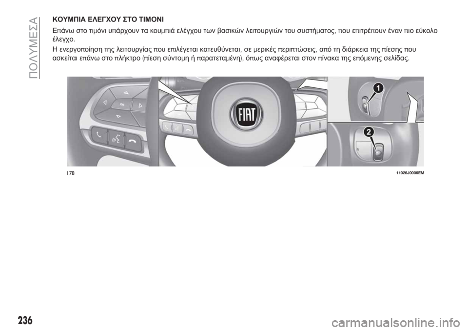 FIAT TIPO 4DOORS 2018 ΒΙΒΛΙΟ ΧΡΗΣΗΣ ΚΑΙ ΣΥΝΤΗΡΗΣΗΣ (in Greek) ΚΟΥΜΠΙΑ ΕΛΕΓΧΟΥ ΣΤΟ ΤΙΜΟΝΙ
Επάνω στο τιμόνι υπάρχουν τα κουμπιά ελέγχου των βασικών λειτουργιών του συστήμα FIAT TIPO 4DOORS 2018 ΒΙΒΛΙΟ ΧΡΗΣΗΣ ΚΑΙ ΣΥΝΤΗΡΗΣΗΣ (in Greek) ΚΟΥΜΠΙΑ ΕΛΕΓΧΟΥ ΣΤΟ ΤΙΜΟΝΙ
Επάνω στο τιμόνι υπάρχουν τα κουμπιά ελέγχου των βασικών λειτουργιών του συστήμα