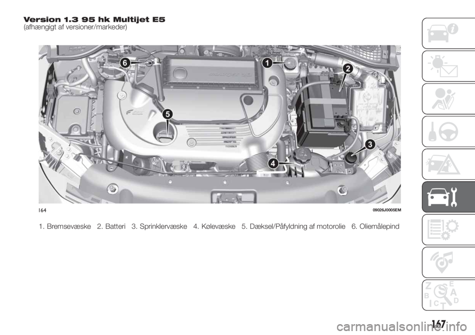 FIAT TIPO 4DOORS 2018  Brugs- og vedligeholdelsesvejledning (in Danish) Version 1.3 95 hk Multijet E5(afhængigt af versioner/markeder)
1. Bremsevæske 2. Batteri 3. Sprinklervæske 4. Kølevæske 5. Dæksel/Påfyldning af motorolie 6. Oliemålepind
16409026J0005EM
167 