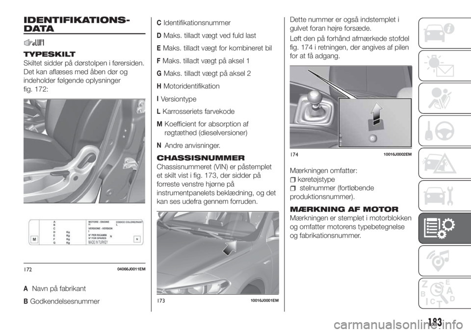 FIAT TIPO 4DOORS 2020 Brugs- og vedligeholdelsesvejledning (in Danish) IDENTIFIKATIONS-
DATA
TYPESKILT
Skiltet sidder på dørstolpen i førersiden.
Det kan aflæses med åben dør og
indeholder følgende oplysninger
fig. 172:
Navn på fabrikant
BGodkendelsesnummer
CIden FIAT TIPO 4DOORS 2020 Brugs- og vedligeholdelsesvejledning (in Danish) IDENTIFIKATIONS-
DATA
TYPESKILT
Skiltet sidder på dørstolpen i førersiden.
Det kan aflæses med åben dør og
indeholder følgende oplysninger
fig. 172:
Navn på fabrikant
BGodkendelsesnummer
CIden