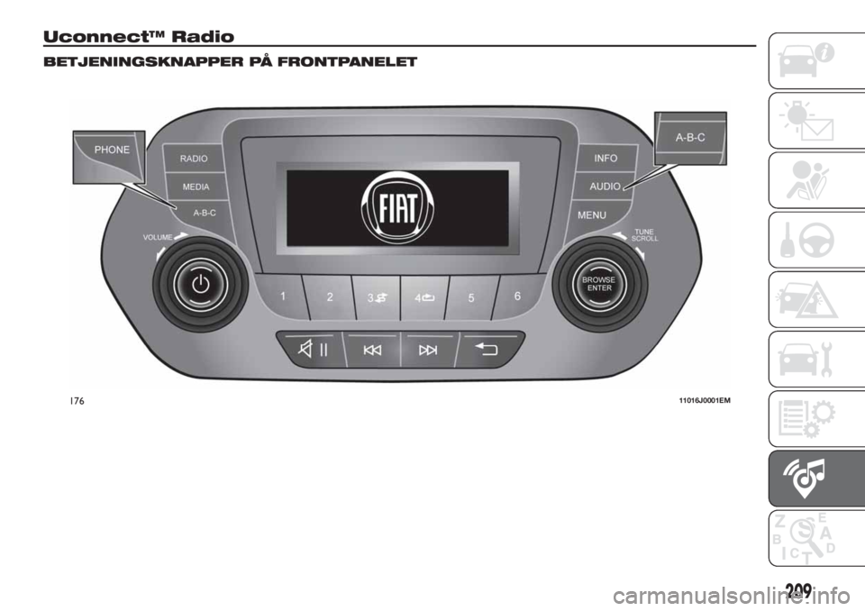 FIAT TIPO 4DOORS 2020 Brugs- og vedligeholdelsesvejledning (in Danish) Uconnect™ Radio
BETJENINGSKNAPPER PÅ FRONTPANELET
17611016J0001EM
209 FIAT TIPO 4DOORS 2020 Brugs- og vedligeholdelsesvejledning (in Danish) Uconnect™ Radio
BETJENINGSKNAPPER PÅ FRONTPANELET
17611016J0001EM
209