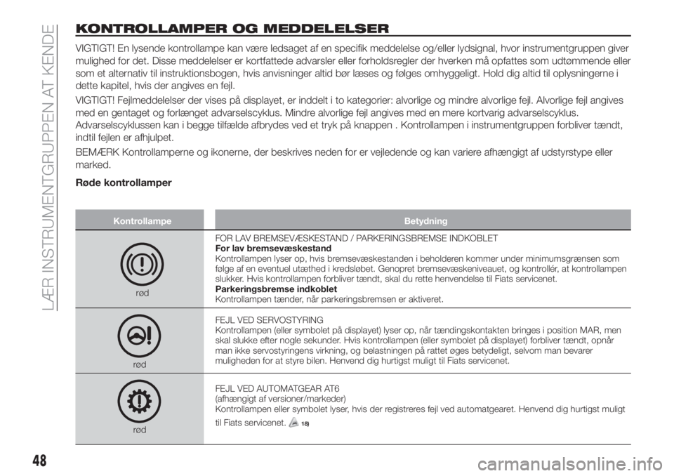 FIAT TIPO 4DOORS 2019  Brugs- og vedligeholdelsesvejledning (in Danish) KONTROLLAMPER OG MEDDELELSER
VIGTIGT! En lysende kontrollampe kan være ledsaget af en specifik meddelelse og/eller lydsignal, hvor instrumentgruppen giver
mulighed for det. Disse meddelelser er kortf