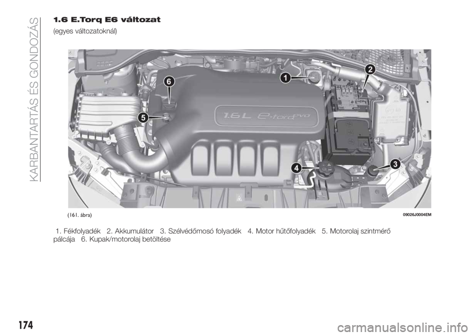FIAT TIPO 4DOORS 2019  Kezelési és karbantartási útmutató (in Hungarian) 1.6 E.Torq E6 változat
(egyes változatoknál)
1. Fékfolyadék 2. Akkumulátor 3. Szélvédőmosó folyadék 4. Motor hűtőfolyadék 5. Motorolaj szintmérő
pálcája 6. Kupak/motorolaj betöltés
