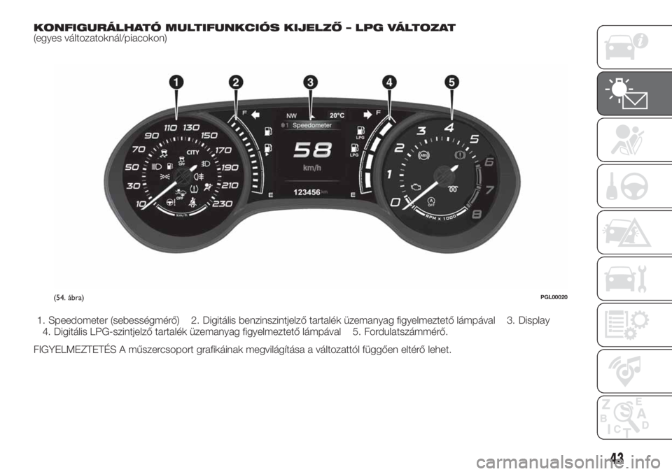 FIAT TIPO 4DOORS 2020 Kezelési és karbantartási útmutató (in Hungarian) KONFIGURÁLHATÓ MULTIFUNKCIÓS KIJELZŐ – LPG VÁLTOZAT(egyes változatoknál/piacokon)
1. Speedometer (sebességmérő) 2. Digitális benzinszintjelző tartalék üzemanyag figyelmeztető lámpáv FIAT TIPO 4DOORS 2020 Kezelési és karbantartási útmutató (in Hungarian) KONFIGURÁLHATÓ MULTIFUNKCIÓS KIJELZŐ – LPG VÁLTOZAT(egyes változatoknál/piacokon)
1. Speedometer (sebességmérő) 2. Digitális benzinszintjelző tartalék üzemanyag figyelmeztető lámpáv